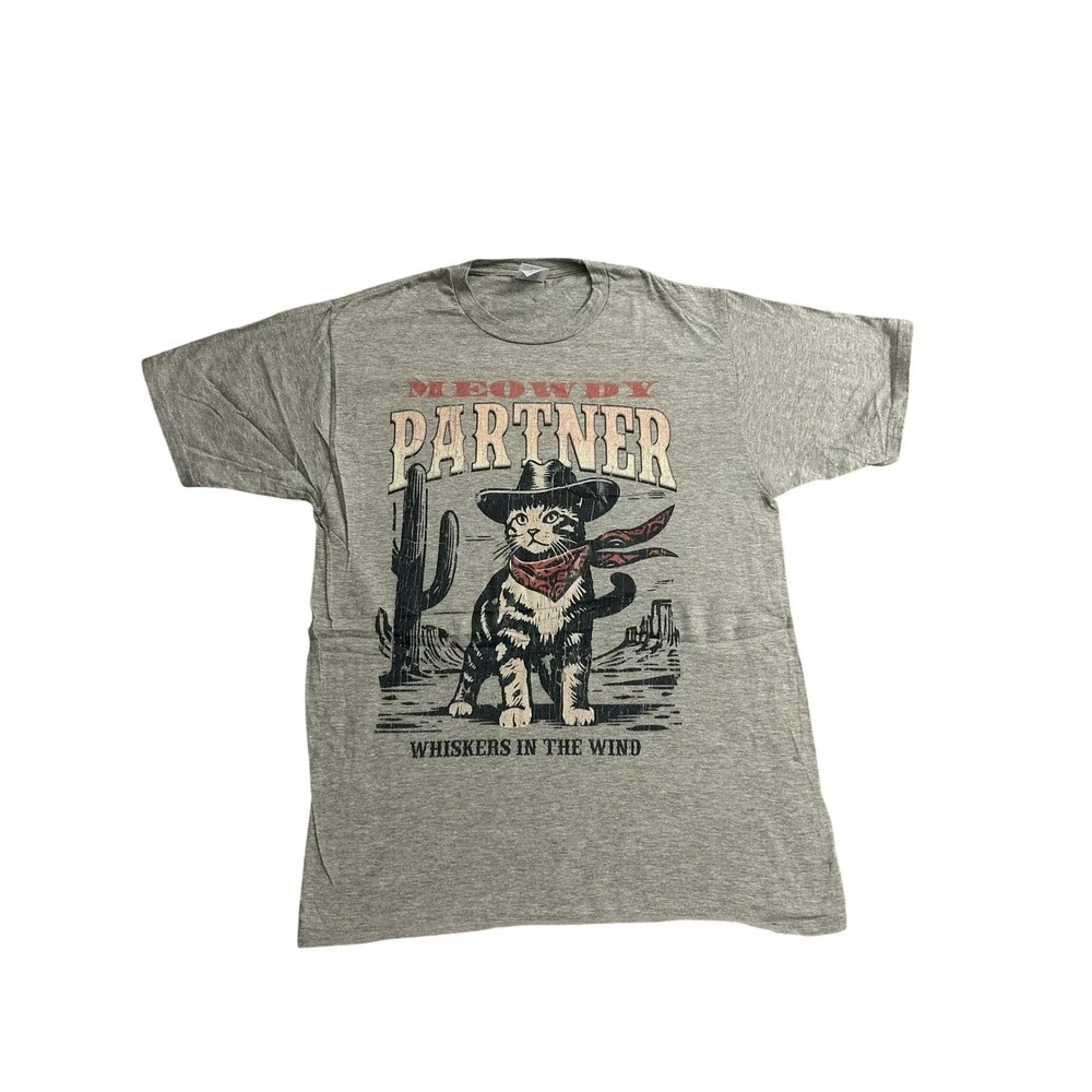 Port &‎ Company Graphic Tee Mens Medium Gray Excellent Meowdy Partner Cowboy Cat